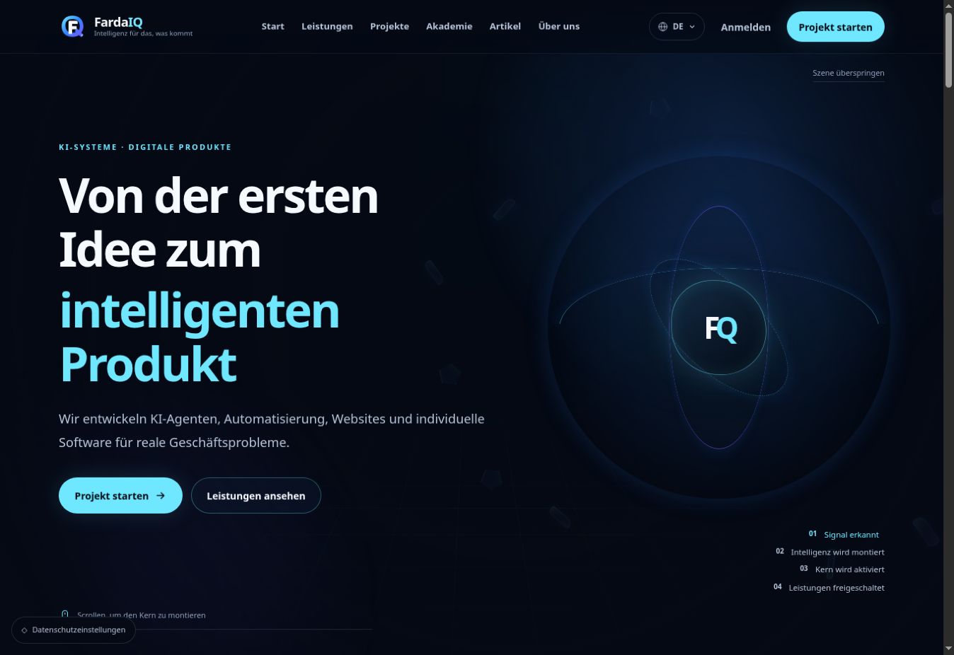 Tatsächliche deutsche FardaIQ-Startseite mit Navigation und Projektstart